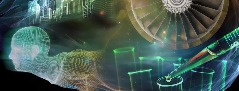 UA Ruhr Drawing of a head, a wheel and a dropper in light rainbow colors